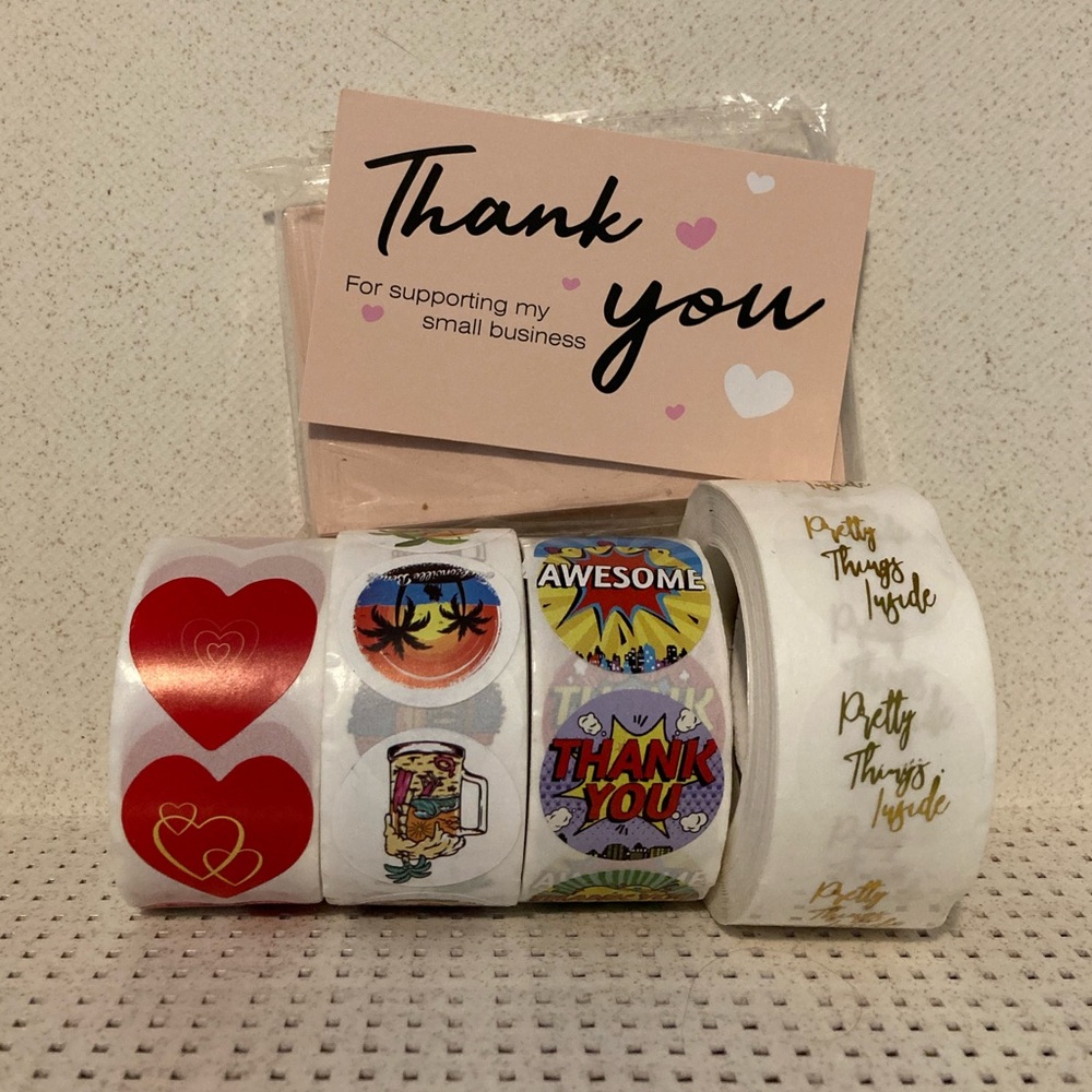 “Thank you” cards + “Pretty things inside”, Red hearts, Thank you, Fun stickers.